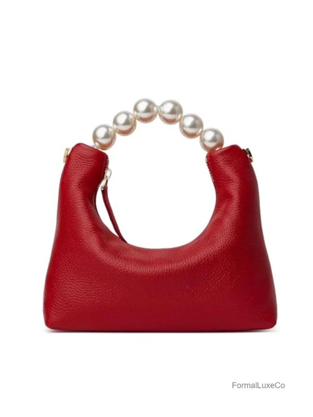 Genuine Leather Clutch Purse with Pearl Handle, Detachable Strap, Formal